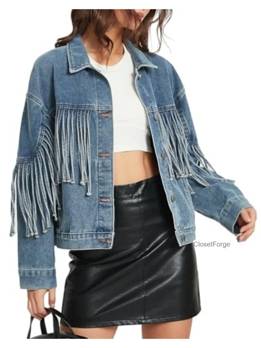 Oversized Fringed Denim Jacket Tassel Long Sleeve Western Country Concert Outfit